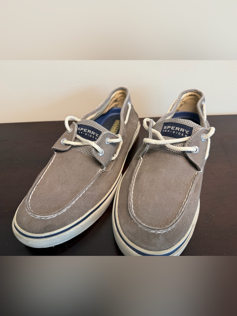 Sperry Taupe Canvas 2-Eye Boat Shoes with Blue Insole
